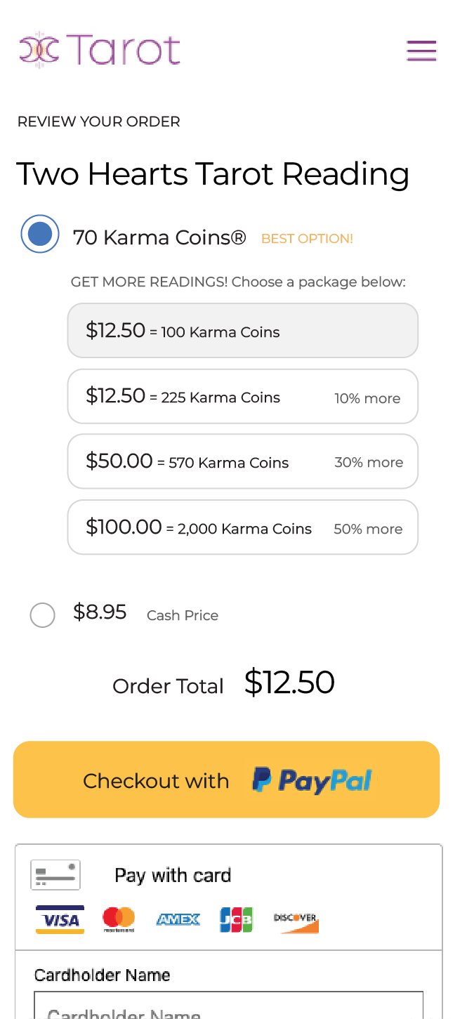 Checkout variant A displaying all Karma Coin packages for comparison