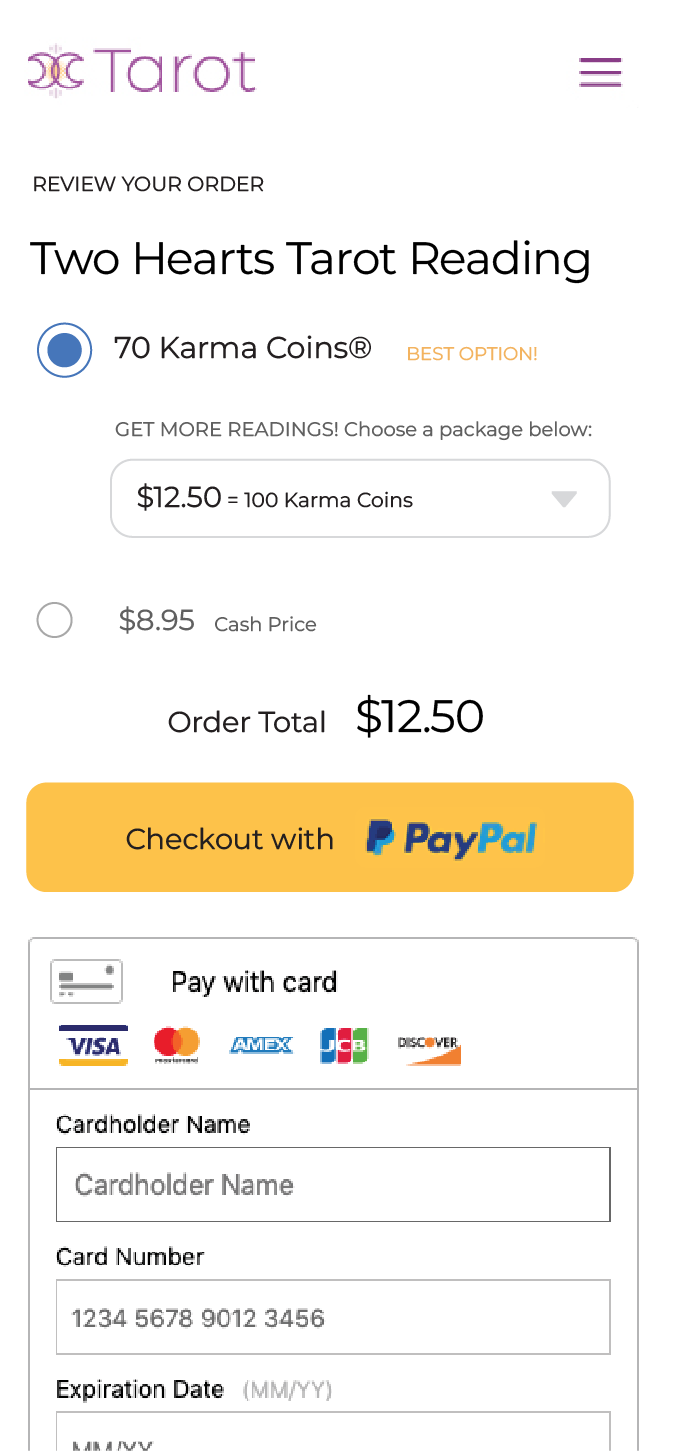 Control checkout experience showing the Karma Coin and cash payment paths